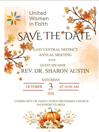 Invitation for East Central District meeting with Rev. Dr. Sharon Austin on October 3, 2026.