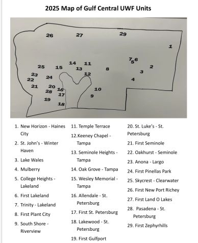 Map showing Gulf Central UWF units in 2025 with locations numbered and listed.