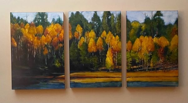 Watercolor triptych painting of aspen woods in autumn