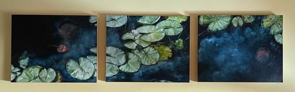 Watercolor triptych painting of lily pads and water lilies in Monet's Garden