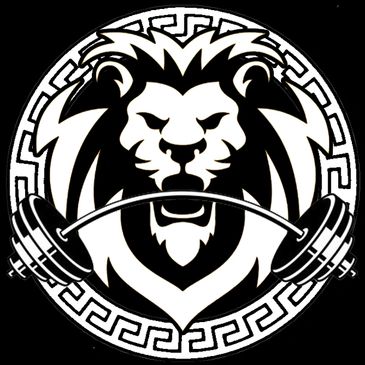 White Lion Fitness Logo a lion with barbell in his mouth and versace circle around it