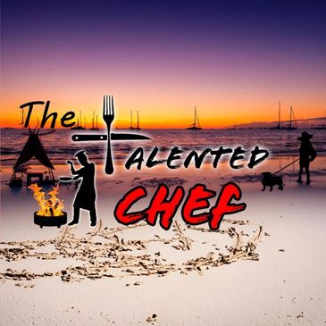 The Talented Chef Logo with a silhouette of a chef cooking a meal for a lady walking her dog.