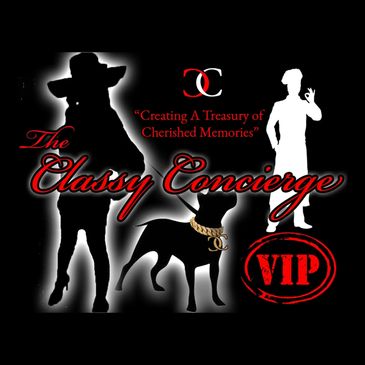 The Classy Concierge Logo silhouettes of a lady walking her dog and a white silhouette of a chef.