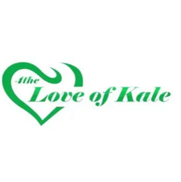 A logo of a green heart with the writing 4the Love of Kale written on it