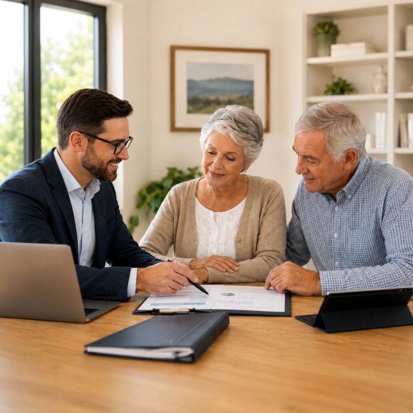 Financial advisor discussing documents with senior couple at home.