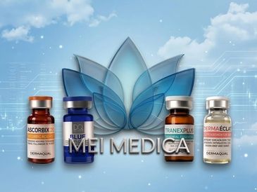 Medicinas frente a un logo azul con fondo de cielo.