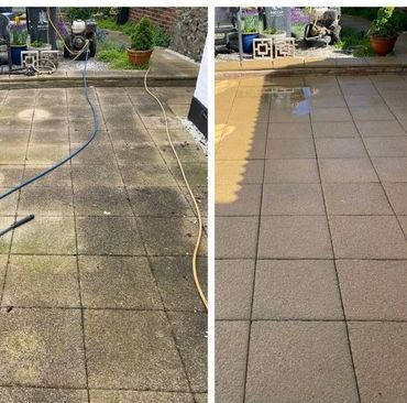 Side-by-side comparison of a patio before and after thorough cleaning.