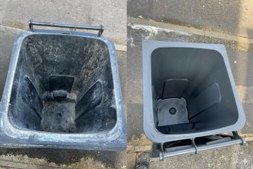 Side-by-side comparison of a dirty and a clean empty trash bin.