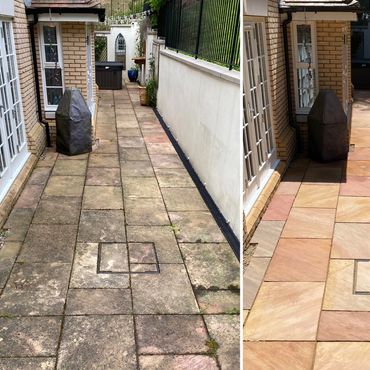 Comparison of a dirty and clean patio after restoration.