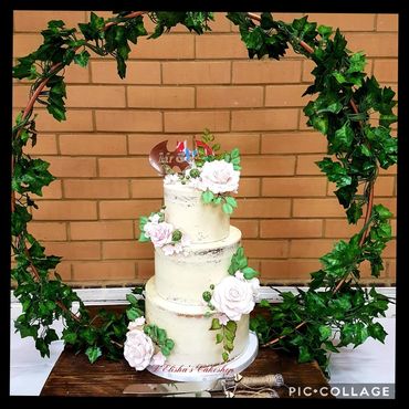 3 tier rustic wedding cake, semi-naked wedding cake with blush of pink roses .