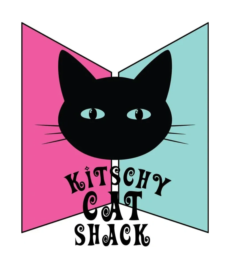 Kitschy Cat Shack logo with cartoon image of our mascot, Tallulah