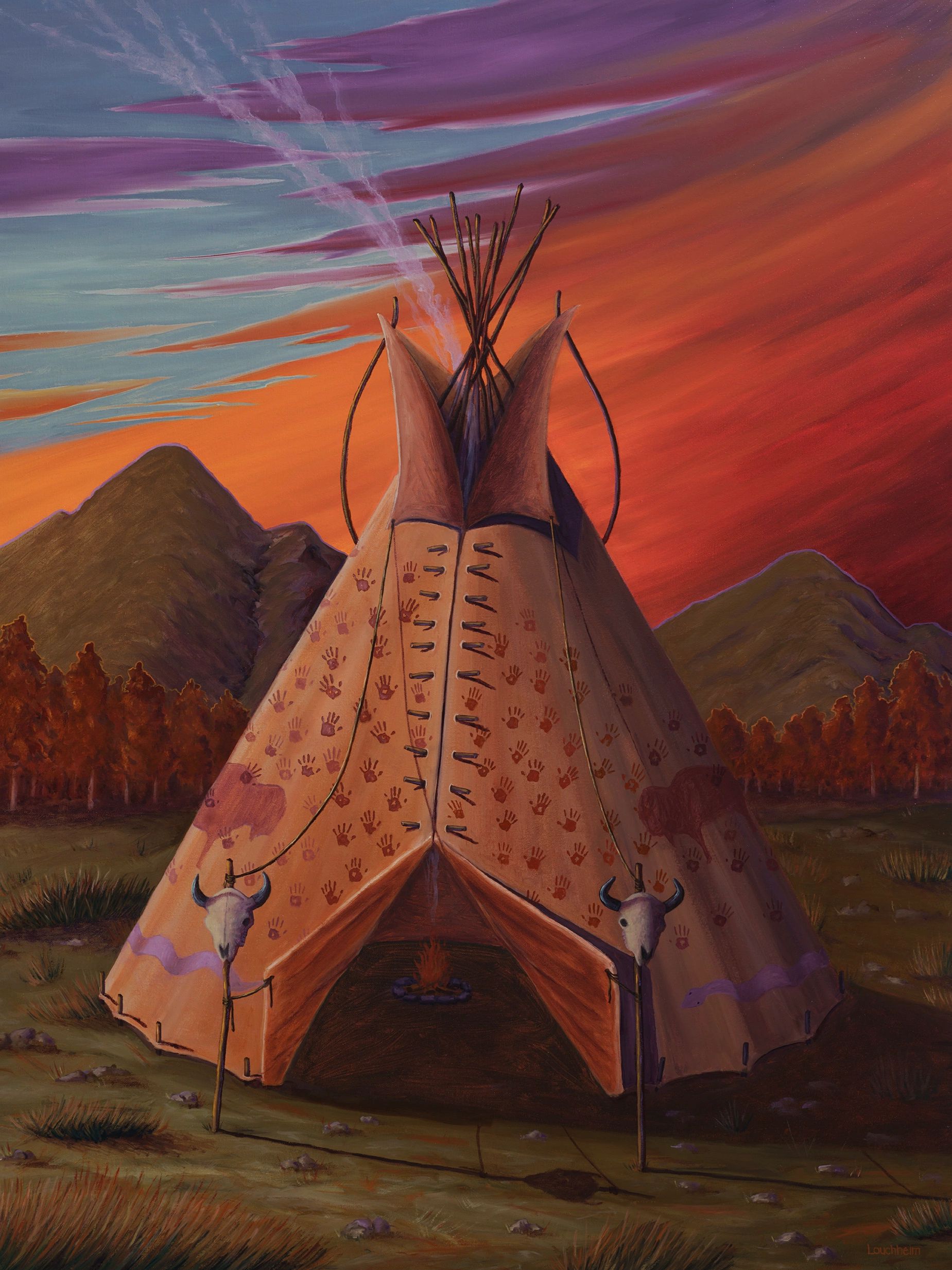 Contemporary Western oil painting of a tipi at sunset.