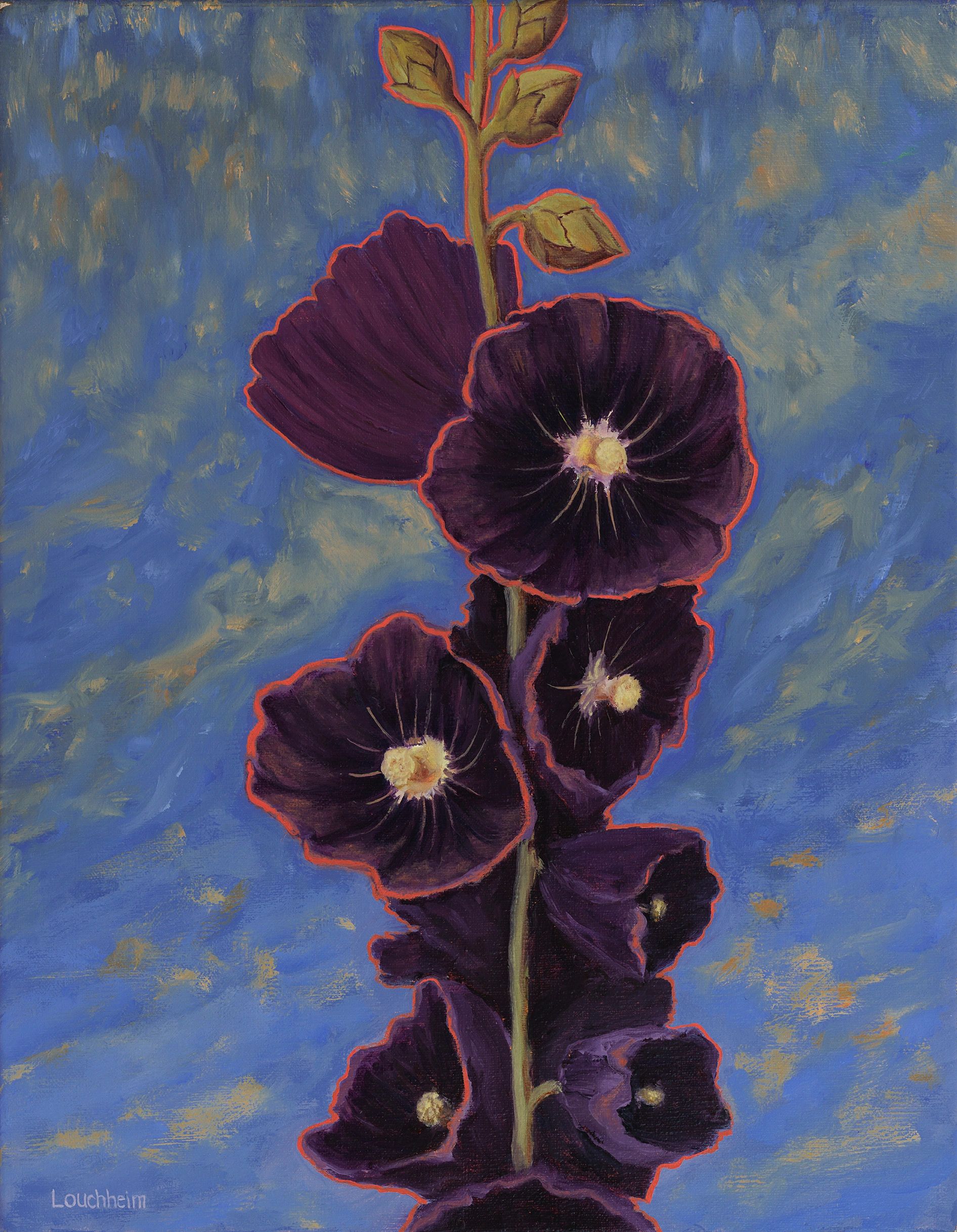 Contemporary Western Art. Oil Painting of hollyhocks