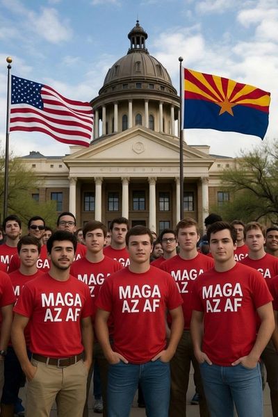 Young American Men in front of Arizona Capitol in "MAGA AZ AF" T-Shirts, with USA & Arizona flags.