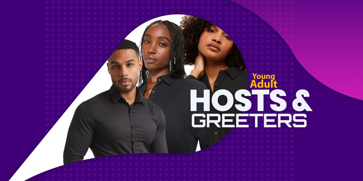 Diverse young adults dressed in black as hosts and greeters on a vibrant purple background.