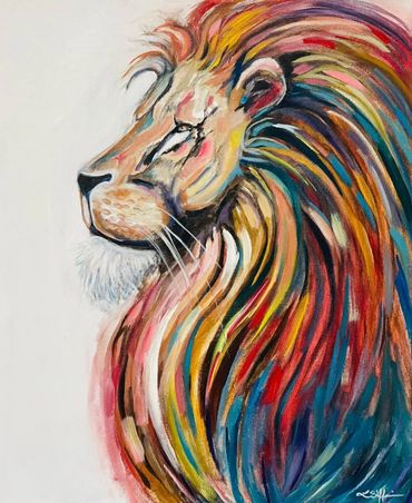 Colorful painting of a lion with a vibrant mane.