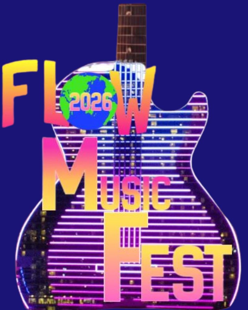 Colorful guitar with 'Flow Music Fest 2026' text and a globe graphic.