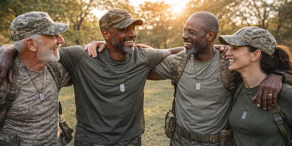 Four soldiers smiling and embracing each other outdoors at sunset.