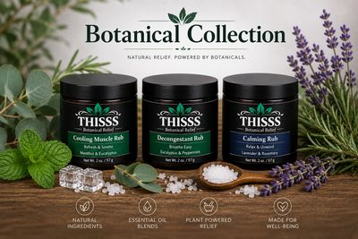 Three Thisss Botanical Relief rubs with natural ingredients and essential oils.