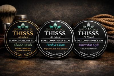 Three tins of THISSS beard conditioner balm in different styles.