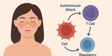 Illustration of systemic lupus erythematosus showing facial rash and immune cell interaction.