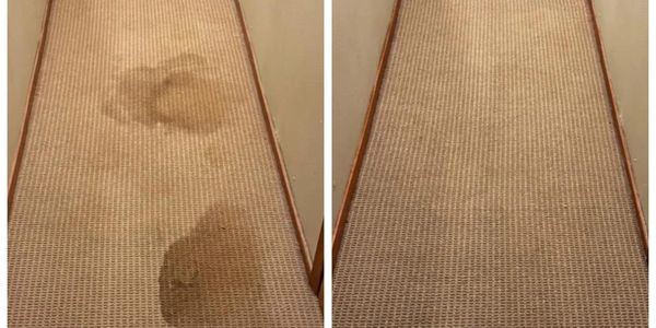 Before and after cleaning a stained carpeted hallway.
