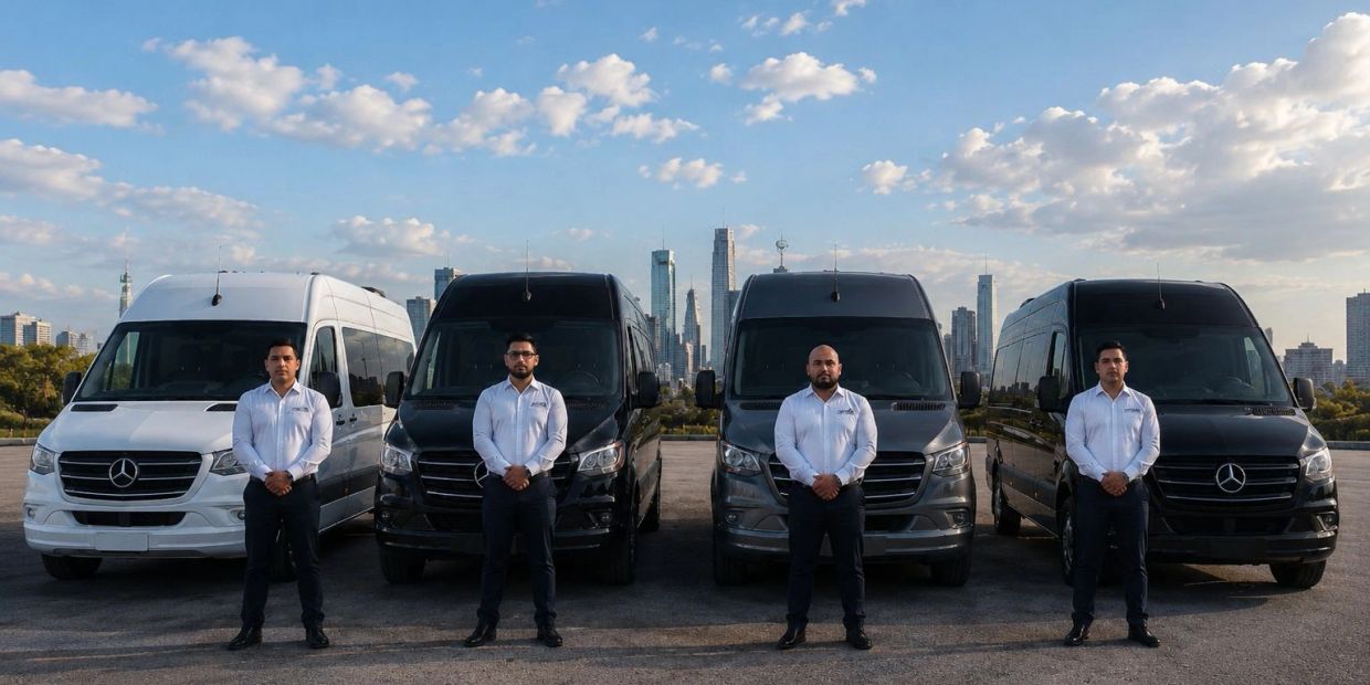 Four men in white shirts stand in front of four Mercedes vans with a city skyline behind them.