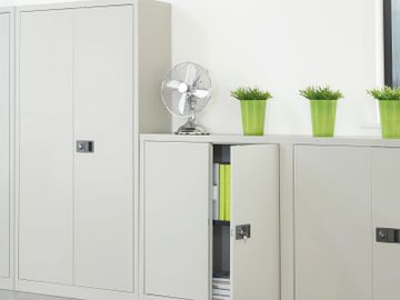 Office steel storage cupboards in different heights and colours 