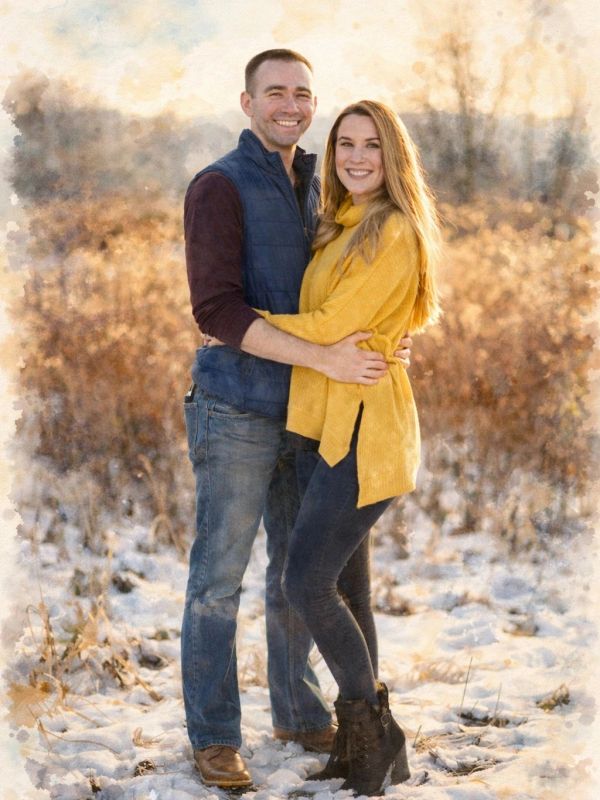 A happy couple embraces outdoors in a snowy, autumnal setting.