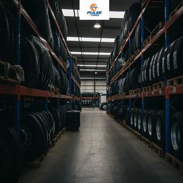 Warehouse aisle filled with neatly organized tires on shelves.