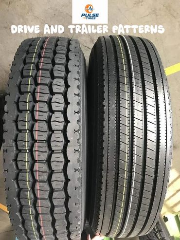 Two tires showing different tread patterns for driving and steering.