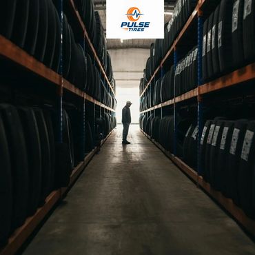 Person inspecting tires in a warehouse aisle under Pulse Tires logo.
