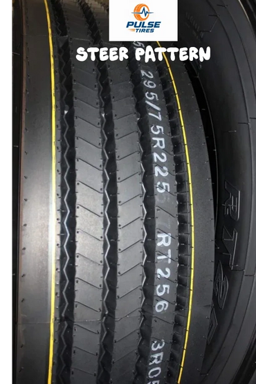 Close-up of a truck tire tread pattern labeled as steer pattern by Pulse Tires.