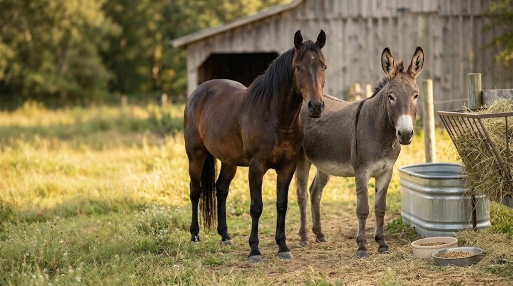Horse and donkey standing in a pasture in front of barn eating hay