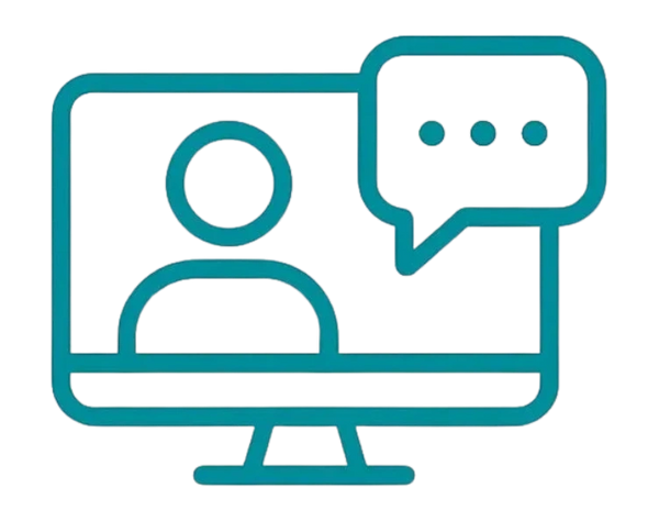 Icon of a video call with a person and a speech bubble on a computer screen.