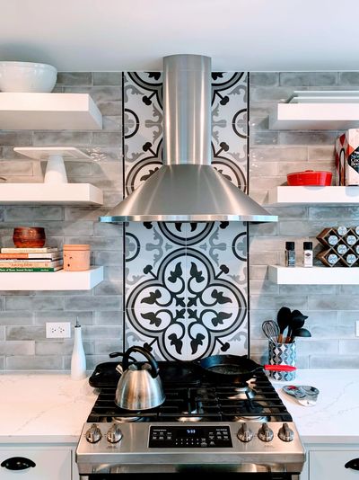 Arte grey encaustic porcelain backsplash in kitchen renovation in Arlington Heights