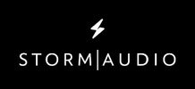 Minimalist black and white logo for Storm Audio with a lightning bolt symbol.