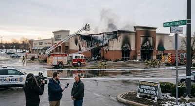 Commercial Strip Mall catches fire and destroyed after fire crews put out the fire with water.