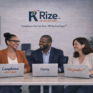 Three professionals smiling, showcasing laptops with key HR values in a modern office.
