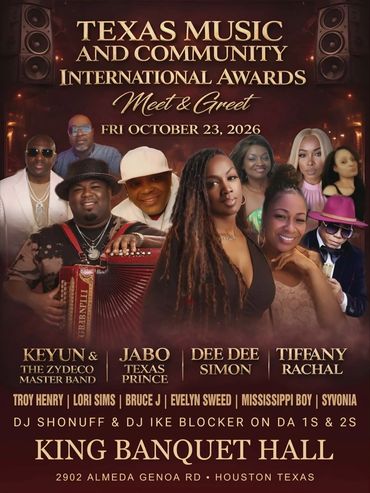 Promotional poster for Texas Music and Community International Awards Meet & Greet event in Houston, Texas, 2026.