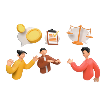 An illustration of three people engaging in a discussion, surrounded by icons of speech bubbles