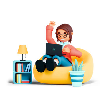 A cheerful remote worker sitting on a beanbag, working on a laptop at home — symbolizing comfort