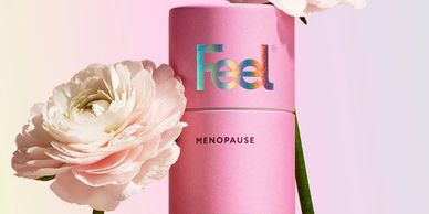 Pink container labeled 'Feel Menopause' with delicate white flowers.