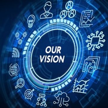 Digital circular interface displaying 'Our Vision' with technology icons around it.