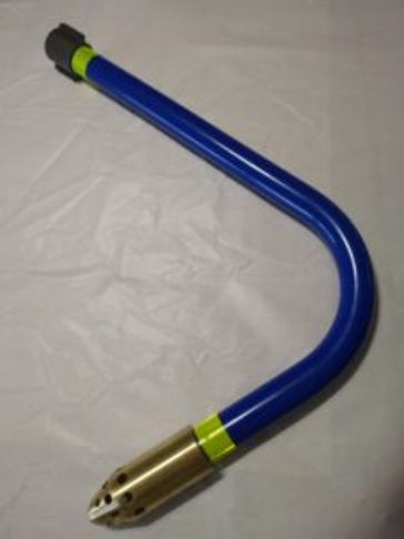Blue curved pipe with a metal nozzle.