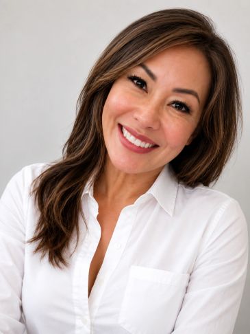 Smiling woman in a white shirt against a plain background.