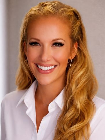 Smiling woman with long blonde hair in a white shirt.