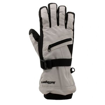 Gray and black winter glove with zipper pocket.