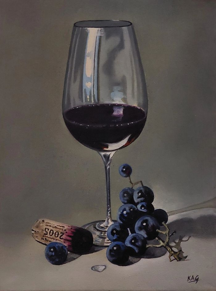 Red wine in wine glass and red grapes. Acrylic painting by Kevin A George.
