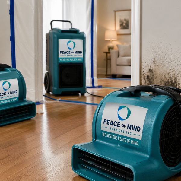 Restoration equipment from Peace of Mind Services drying a mold-affected room.